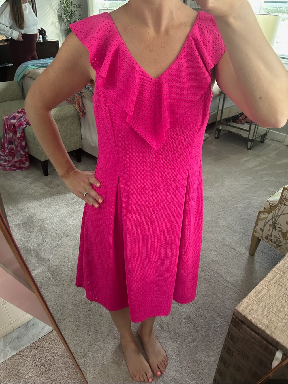 Eliza J Bright Pink Ruffle V-Neck Midi Dress